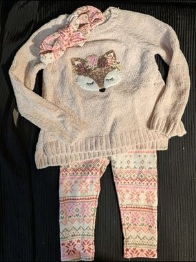 Pink Fox Sweater Leggings Outfit Set With Bow